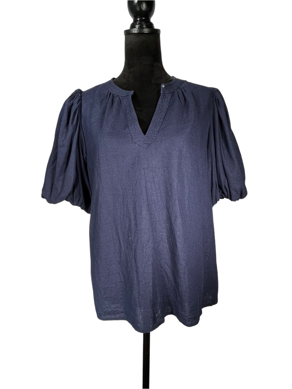 CeCe Navy Puff Sleeve Top Linen V-Neck Short Sleeve Cottagecore Women's Medium